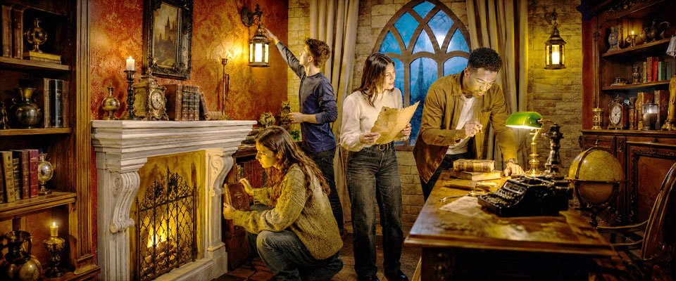 Παρέα παικτών εξερευνά ένα θεματικό escape room του The Lock αναζητώντας στοιχεία και λύνοντας γρίφους